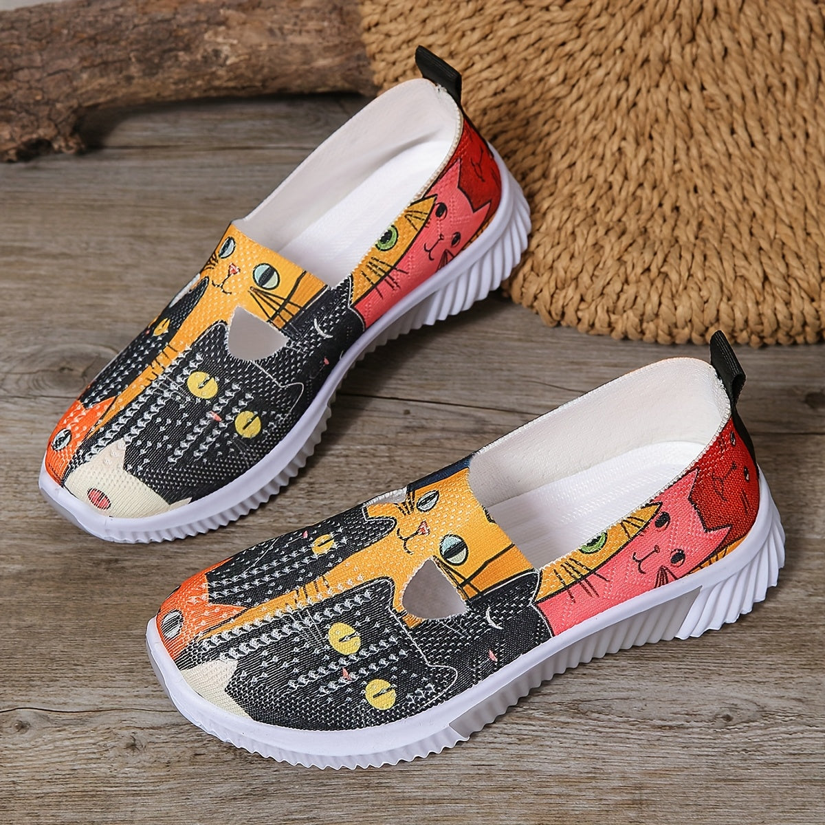 Женские кроссовки с рисунком Cartoon Cat, повседневные легкие летние обувь на slip-on