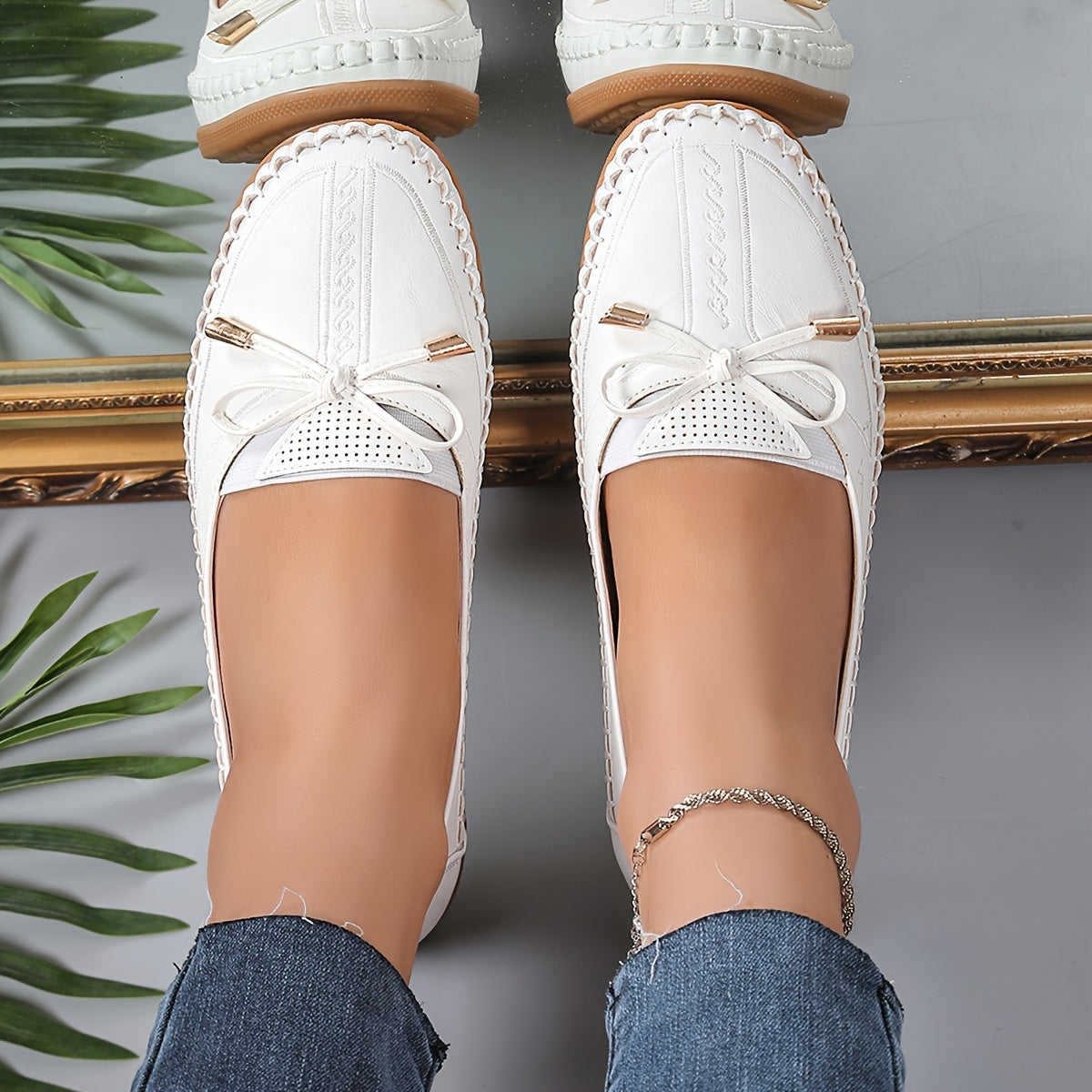 Women's White Faux Leather Slip-On Loafers with Bow Breathable Mesh
