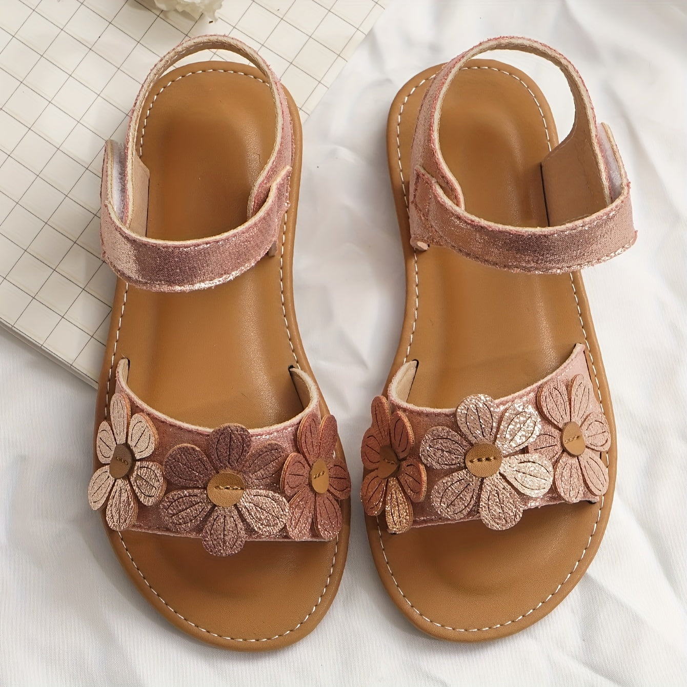 Girls Summer Sandals Floral Embroidery Breathable Light Brown Round Toe Hook-and-Loop Closure