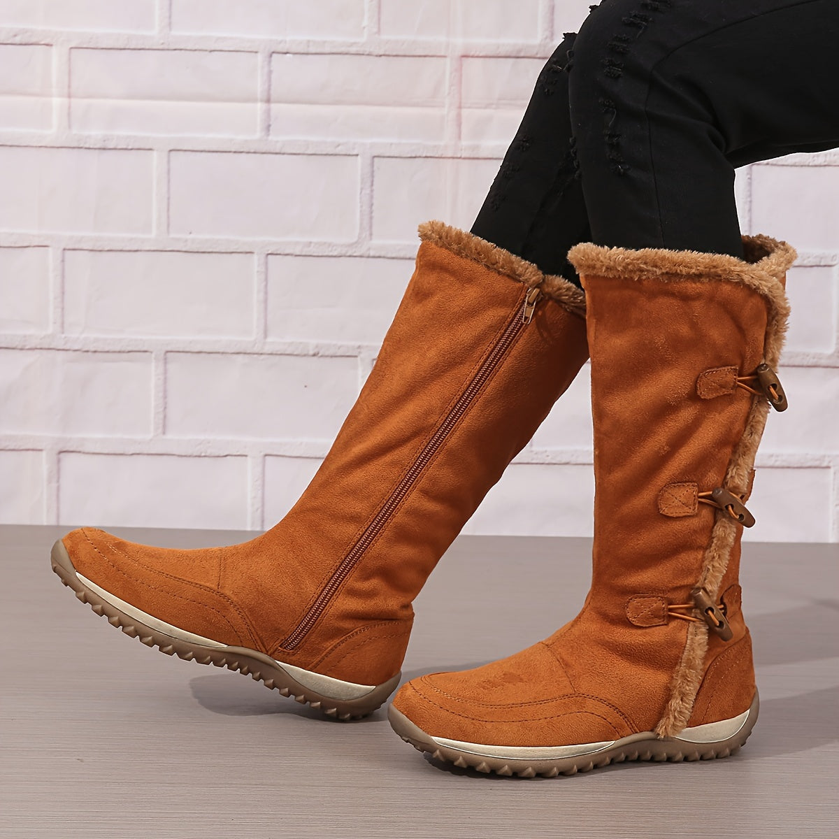 Women's Plush Lined Mid Calf Boots Thermal Snow Boots with Side Zipper