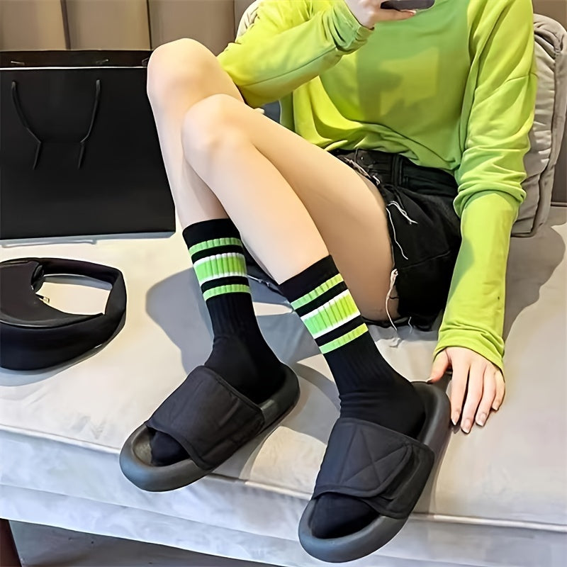 Women's Breathable Striped Mid Tube Socks 5 Pairs Knee-High Knit Polyester