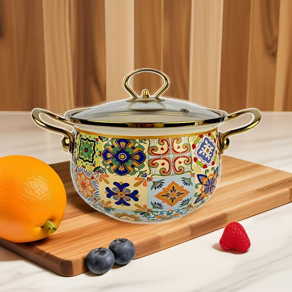 Enamel Coated Saucepan with Glass Lid, Durable Thickened Material, 3-4 Serving