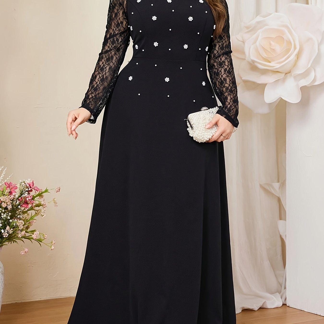 Vestido de noche de talla grande para mujer, negro, con encaje de perlas y falda en línea A, para bodas formales