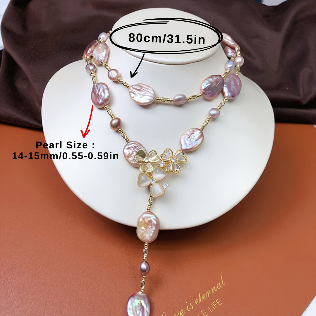 Butterfly Clasp Necklace with Freshwater Pearls and Sweater Chain Vintage Style for Women