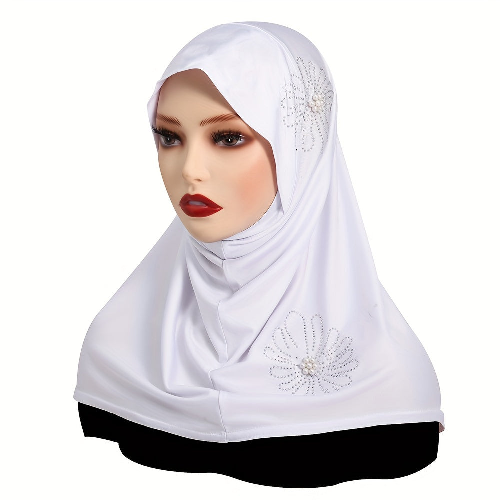 Women's Solid Color Elastic Polyester Hijab with Rhinestone and Pearl Accents