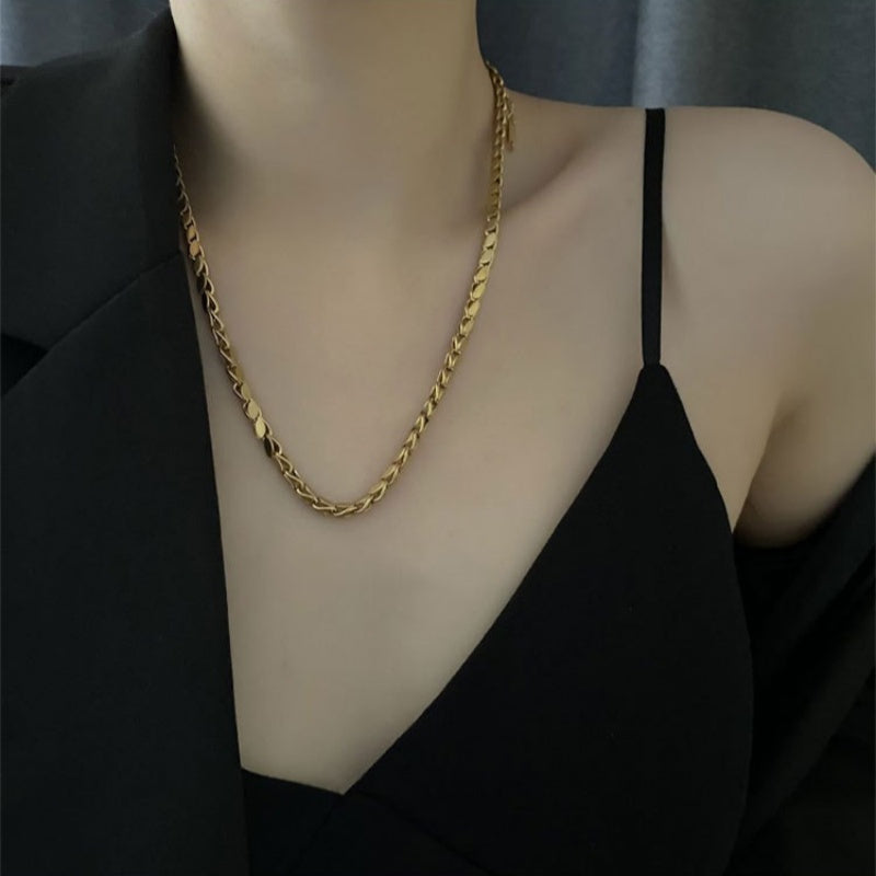 Gold-Plated Wheat Chain Necklace for Women Hip-Hop Style Stainless Steel