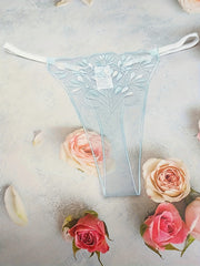 Women’s Blue Transparent Thong Panties with Net Embroidery and Pattern Design