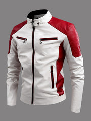 Erkaklar uchun tor kesimli rangli blokli jakket, turli cho'ntaklar, turg'un yaka, fermuar, kuz/qish/fall uchun oq va qizil dizayn.