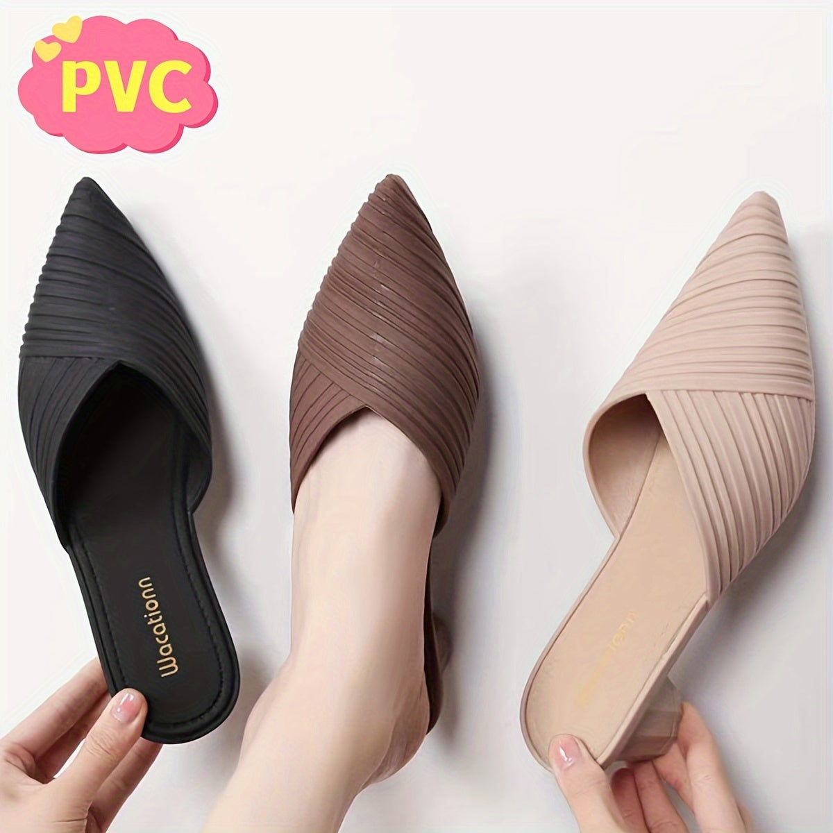 Women's Striped PVC Slides with Pointed Toe and Mid Heel