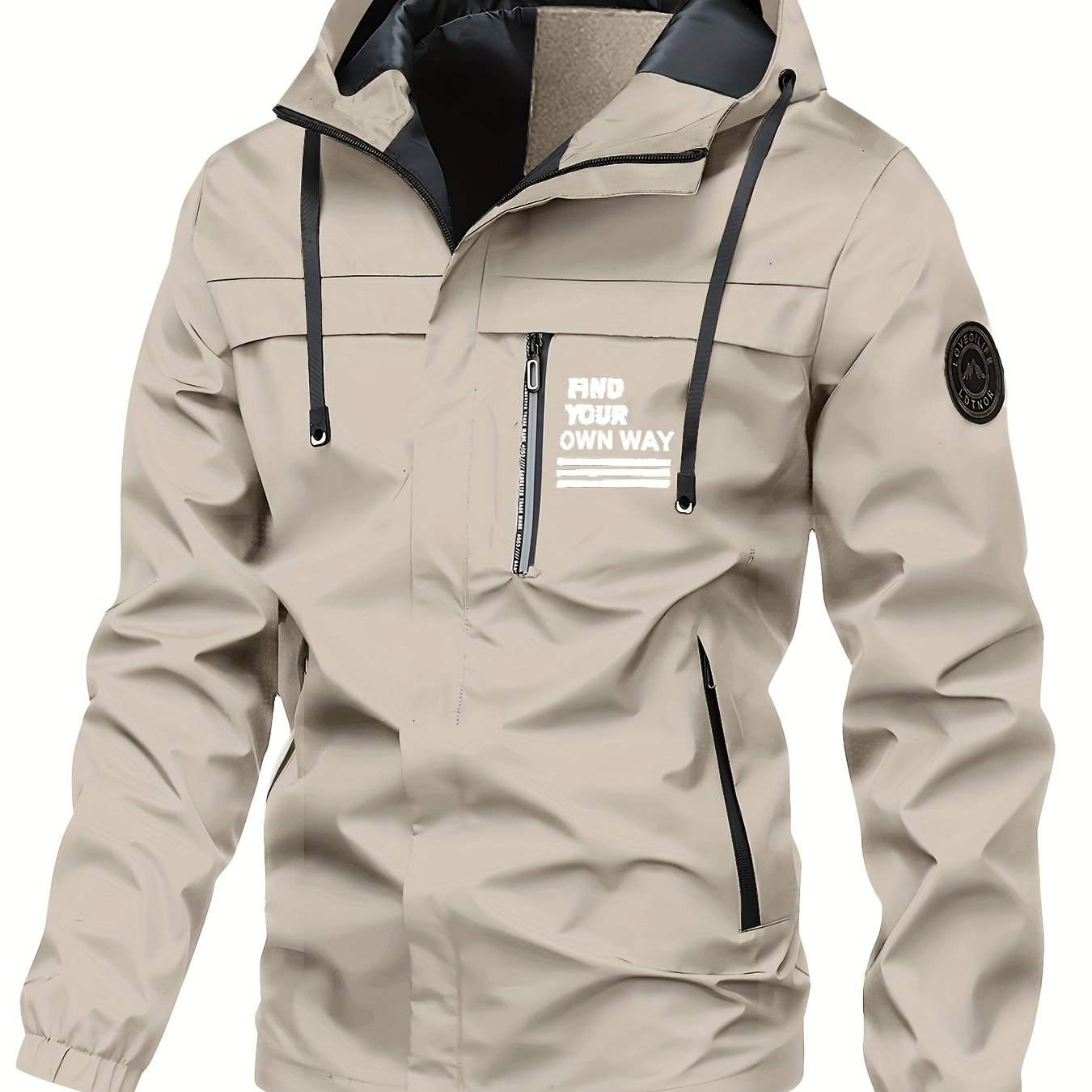 Men's Lightweight Polyester Hooded Jacket with Zipper Pockets and Drawstring, Casual Spring Fall Windbreaker