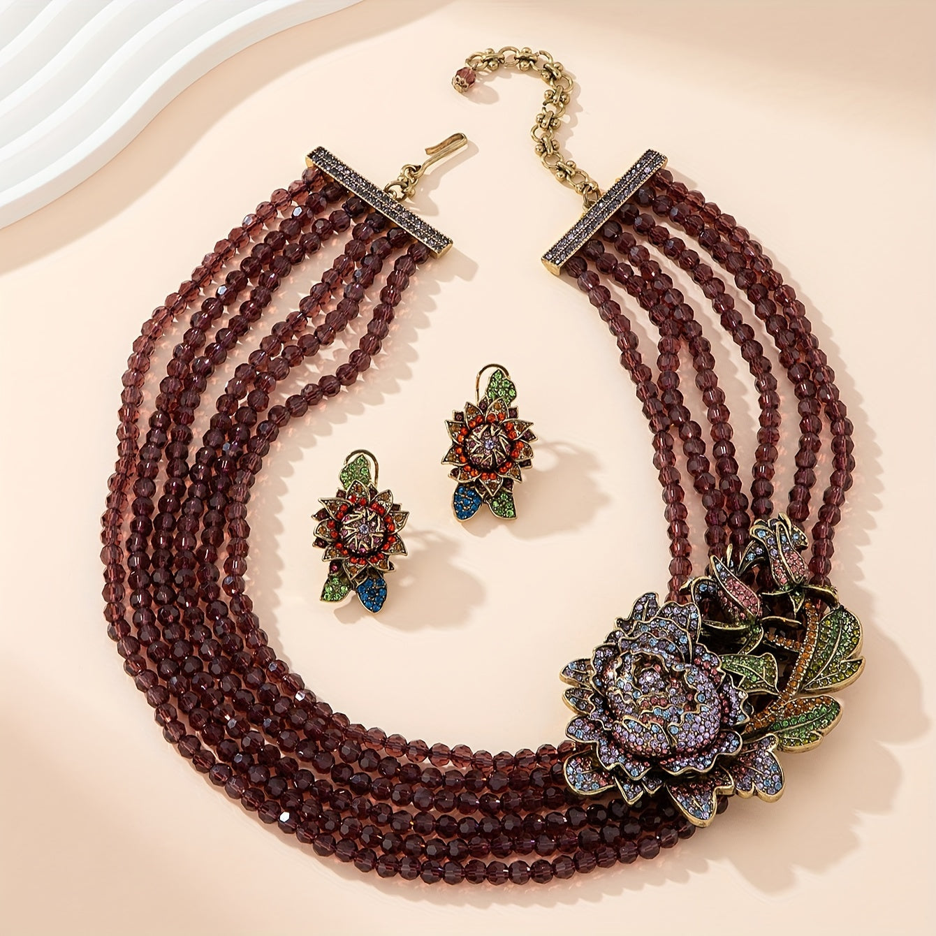 Vintage-Inspired Gold Plated Jewelry Set with Glass Accents Necklace and Earrings