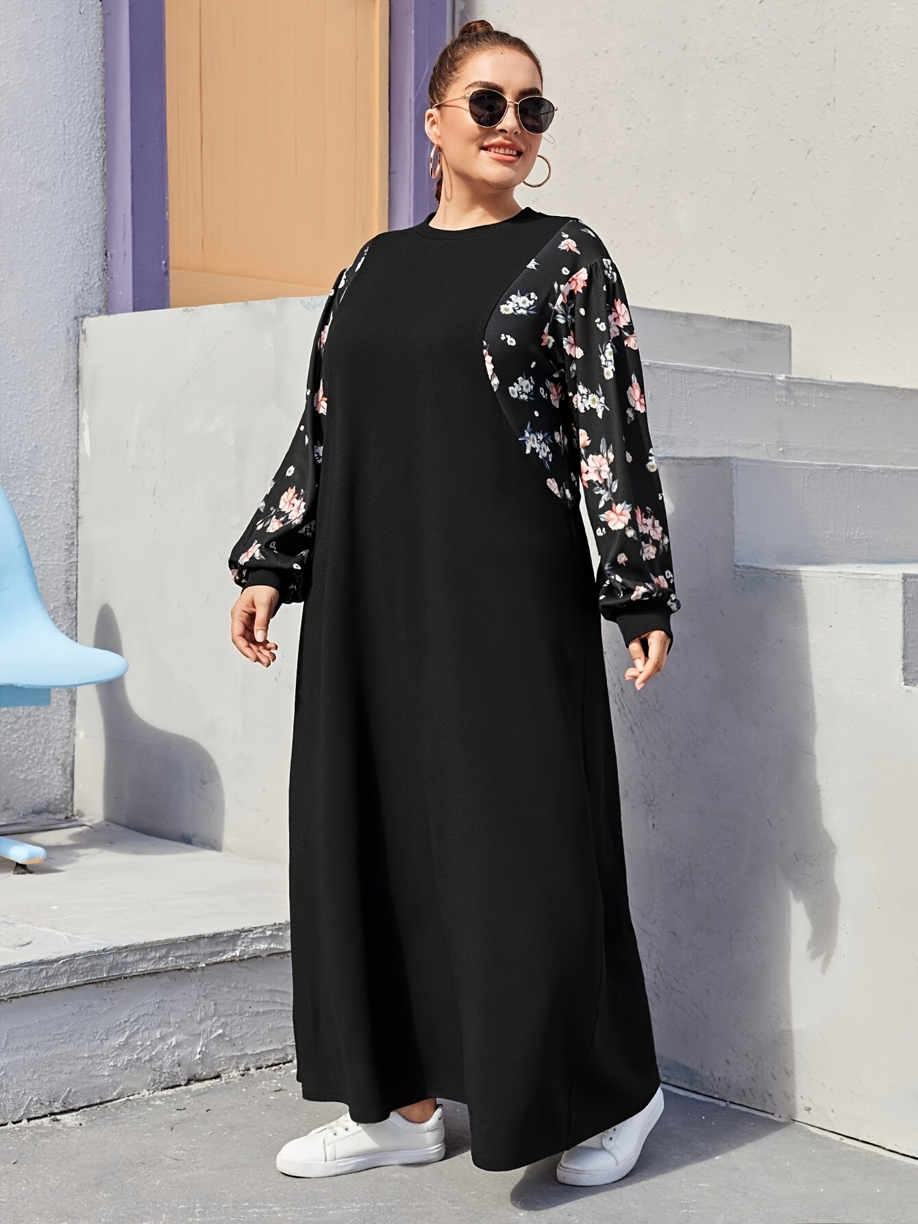 Plus Size Floral Kaftan Dress for Women Casual Spring Fall Polyester