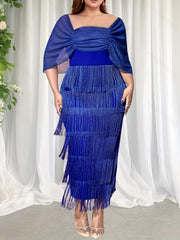Plus Size Off-Shoulder Square Neck Tassel Party Dress for Women Slim Fit Evening Gown