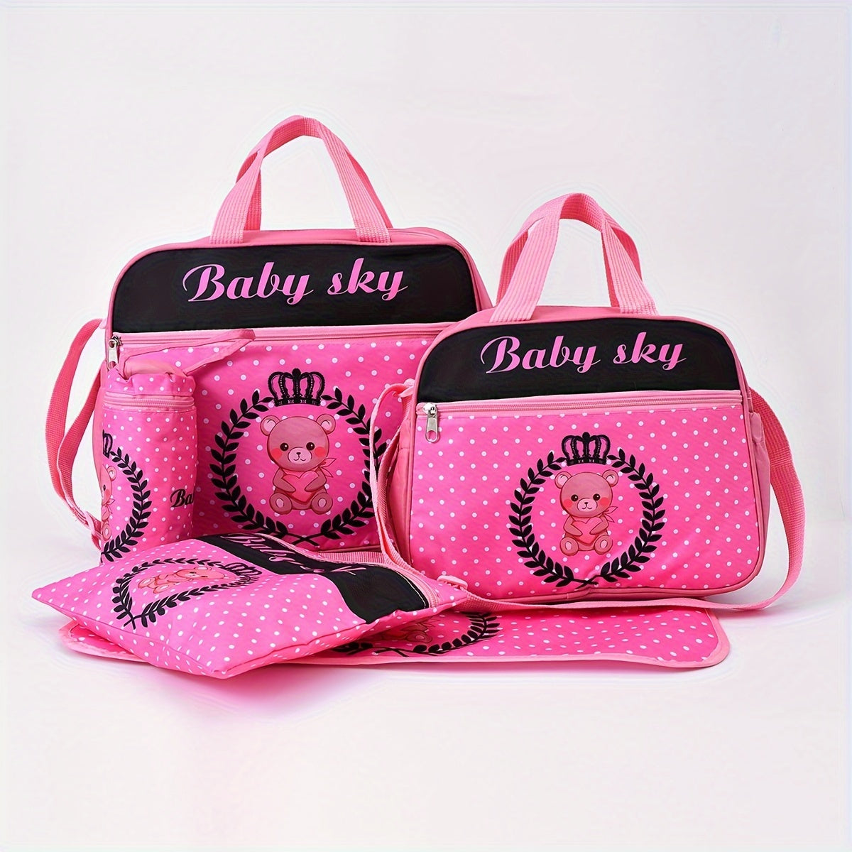 5-Piece Diaper Bag Set with Teddy Bear Print Tote and Accessories for Parents