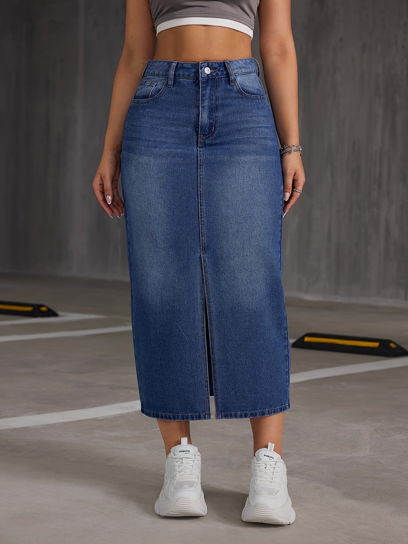 Women's Denim Midi Skirt with Slit Hem High-Waisted A-Line Casual Spring Summer Fall