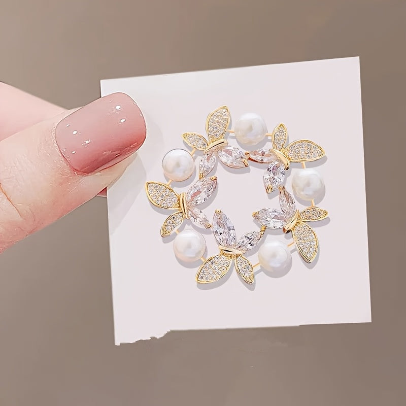 Broche de mariposa y corona floral en tonos dorados, con cristales, perlas, accesorios para vestido, sombrero y bolso