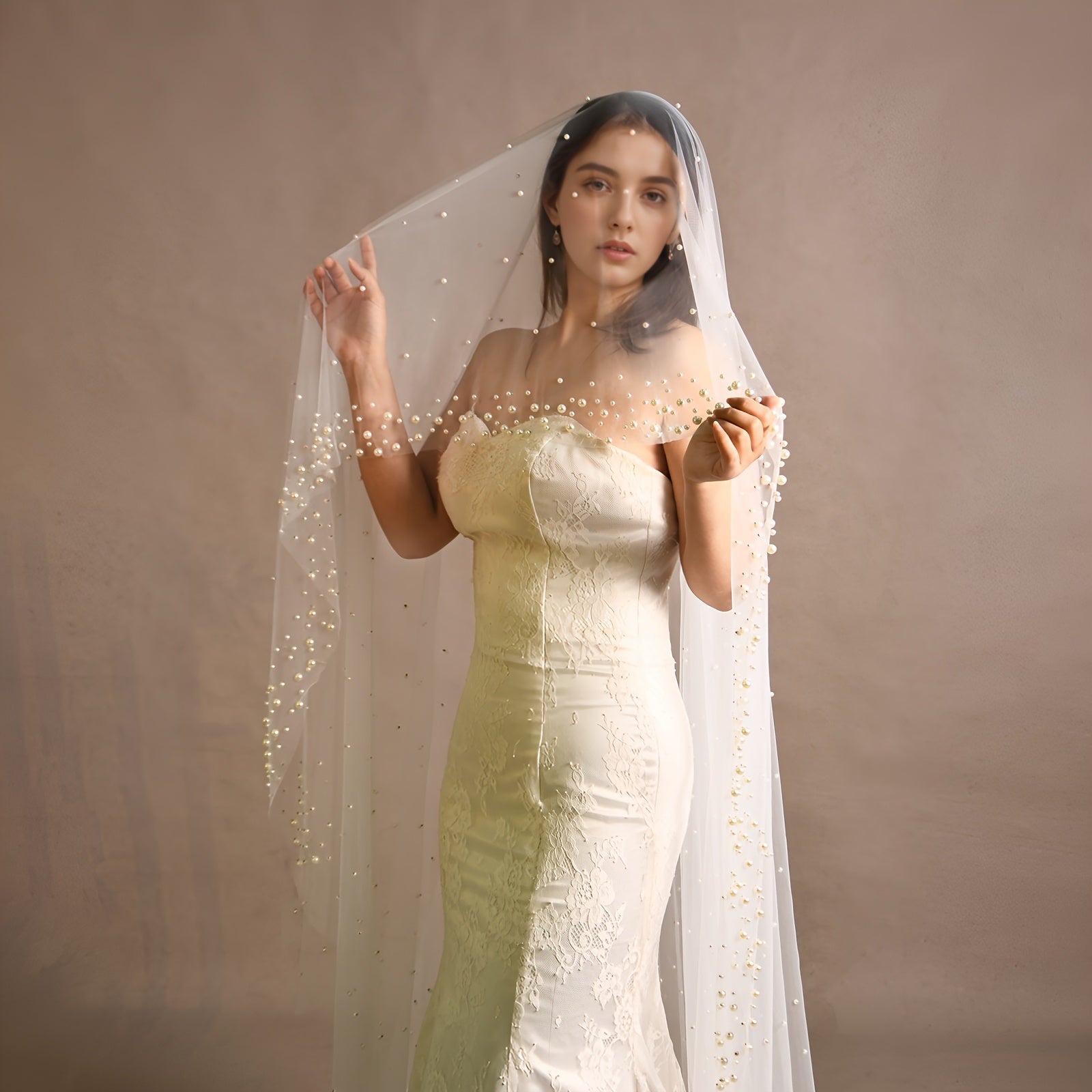 Kuyovlar uchun Naylon To'y Aksessuari, Kiyikcha Uzunlikdagi Bridal Veil Katedral Dekoratsiyasi, Sun'iy Marjonlar bilan