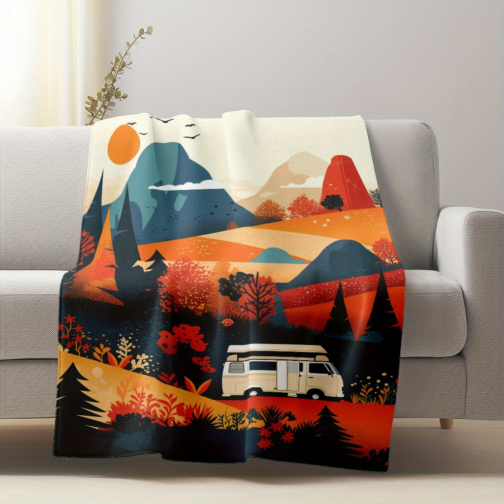 Flannel Throw Blanket Autumn Mountain Camper Van Design Soft Warm Knitted Polyester All-Season