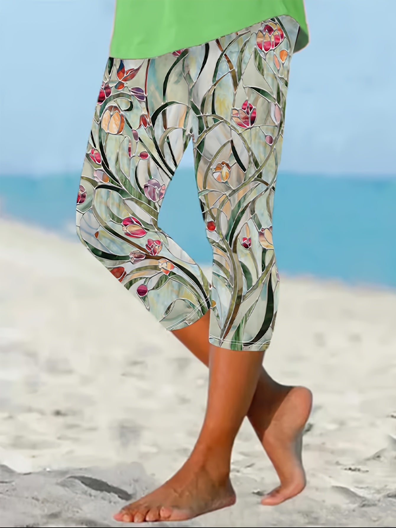 Women's Plus Size Floral Print High-Waisted Capri Leggings Polyester Stretchy Comfortable Summer