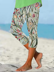 Women's Plus Size Floral Print High-Waisted Capri Leggings Polyester Stretchy Comfortable Summer