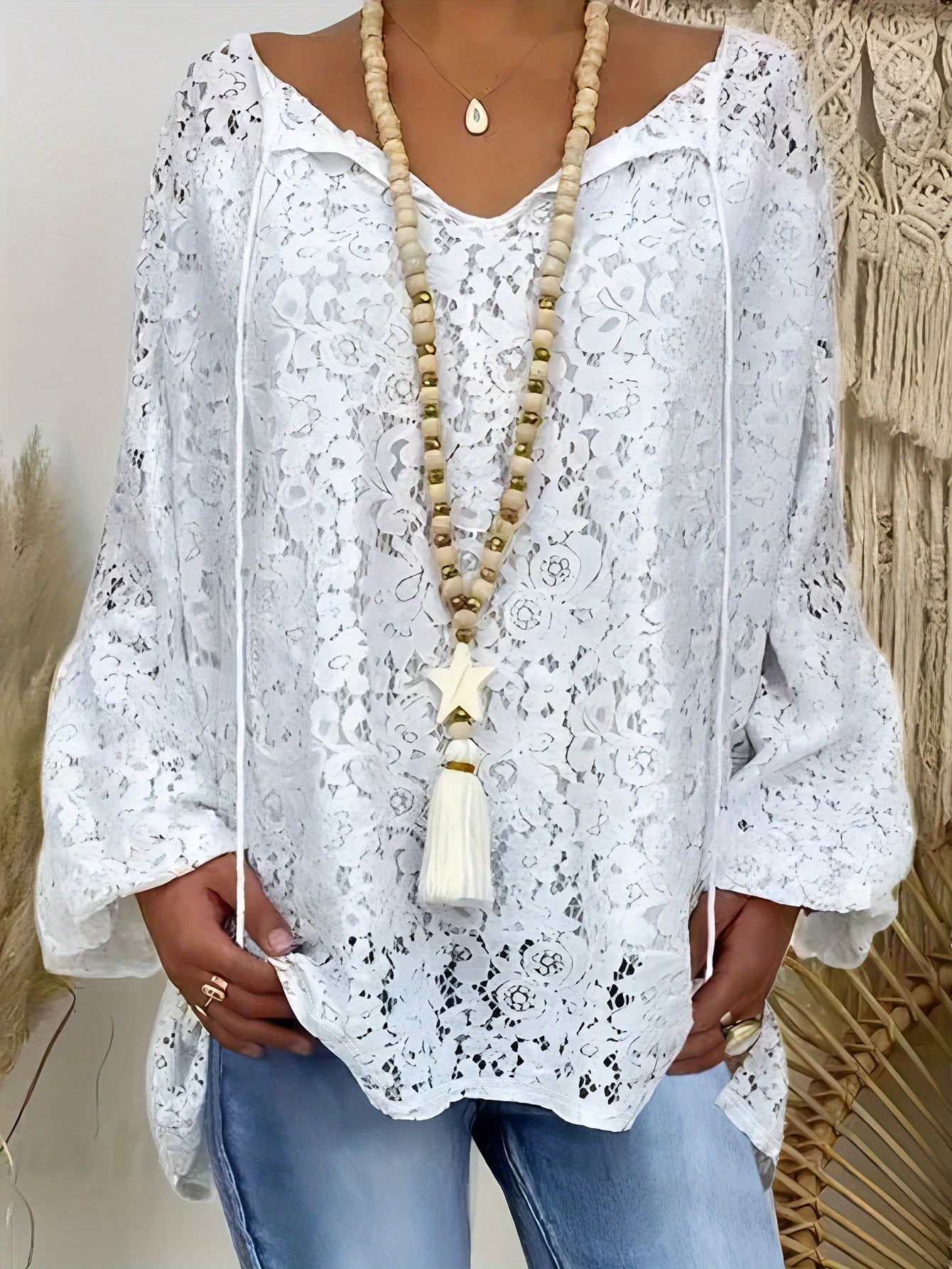Plus Size White V-Neck Long Sleeve Knit Top with Floral Cut-Out Design for Summer