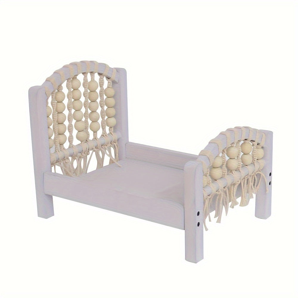 Unisex Wooden Baby Photography Prop Bed for Newborns to 3 Years Neutral Weaving Design