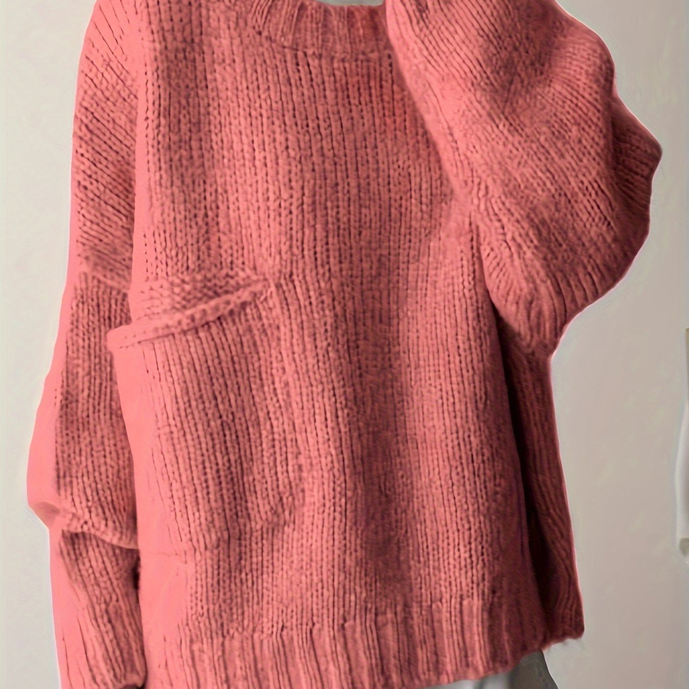 Suéter de punto verde de talla grande para mujer con bolsillos, cuello redondo, manga larga y cómodo