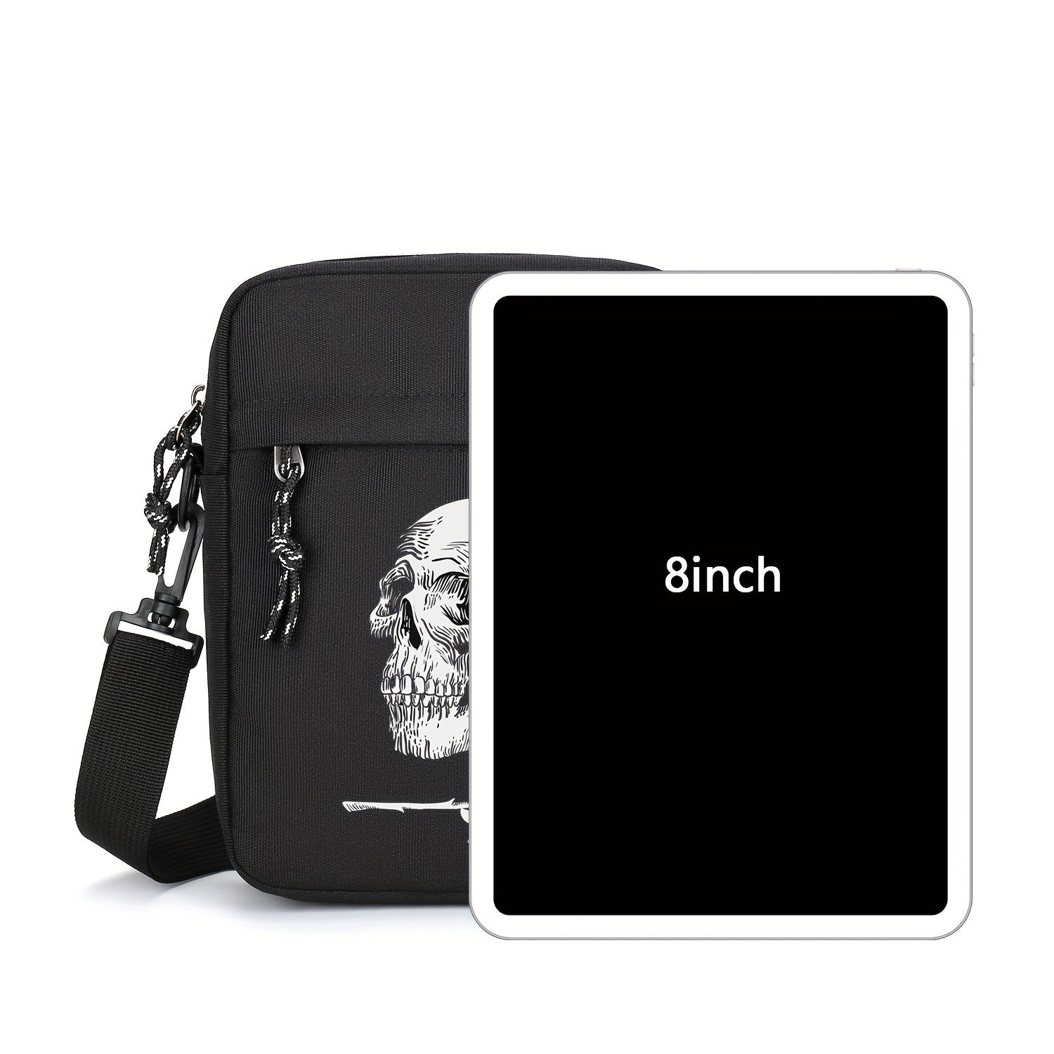 Erkaklar va ayollar uchun qora Oxford matodan yasalgan sumka, bosh suyagi va gül printli, katta sig'imli, sozlanadigan kamar bilan