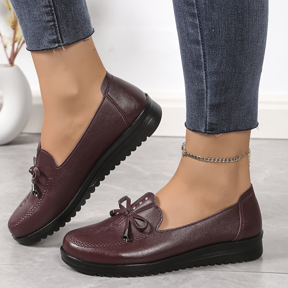 Women's Slip-On Flats Burgundy PU Casual Shoes Cushioned Insole
