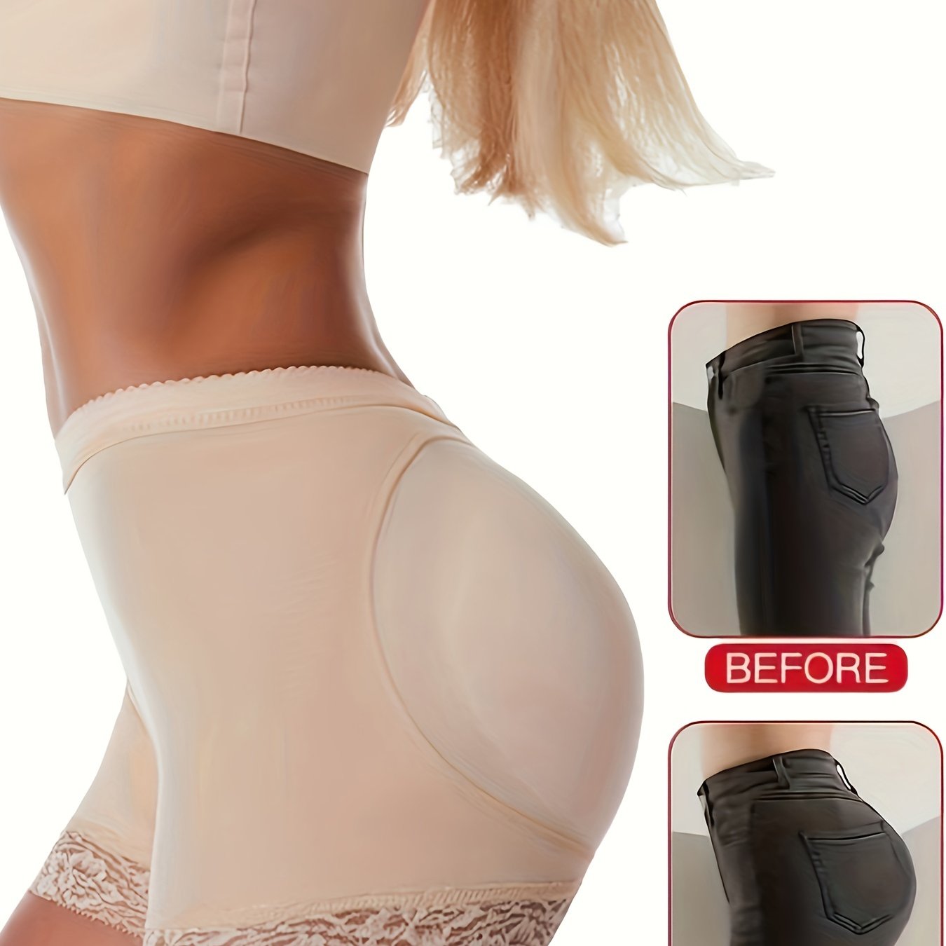 High-Waisted Beige Boyshort Panties with Removable Padded Mesh Butt Enhancer for Lingerie and Underwear