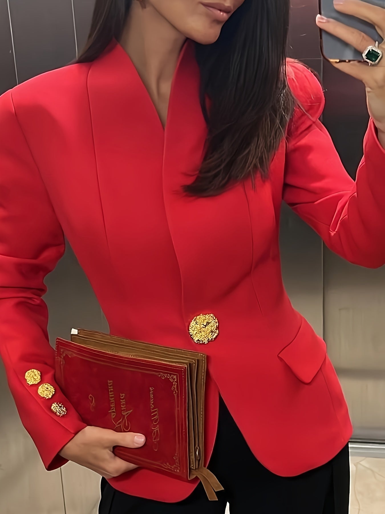 Elegant Polyester Blend Jacket with Metal Buttons Stand Collar Regular Fit for Spring Fall