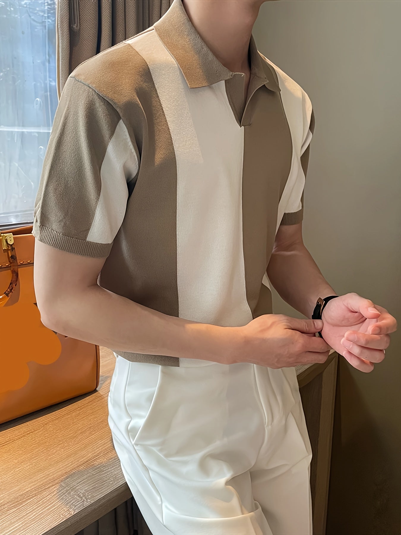 Men's Color Block Short Sleeve Lapel Golf Shirt Summer Rayon High Stretch Casual Regular Fit