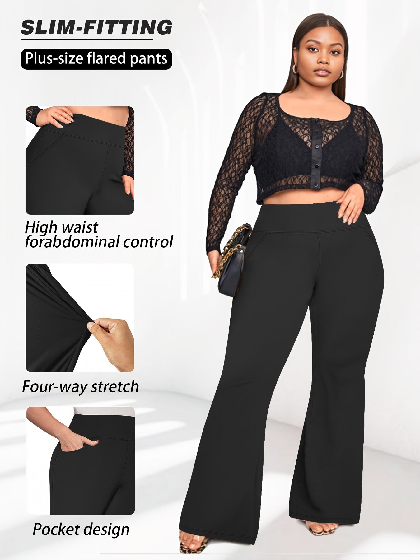 Women's Plus Size High Waist Flared Pants Black All-Season Stretch