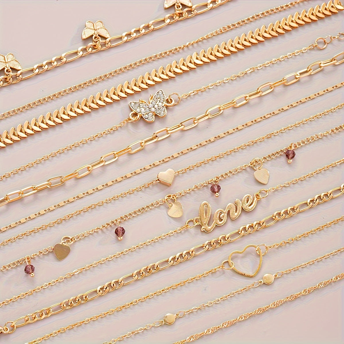 13-Piece Gold-Tone Anklet Set with Butterfly and Love Charms Adjustable Foot Jewelry for Women