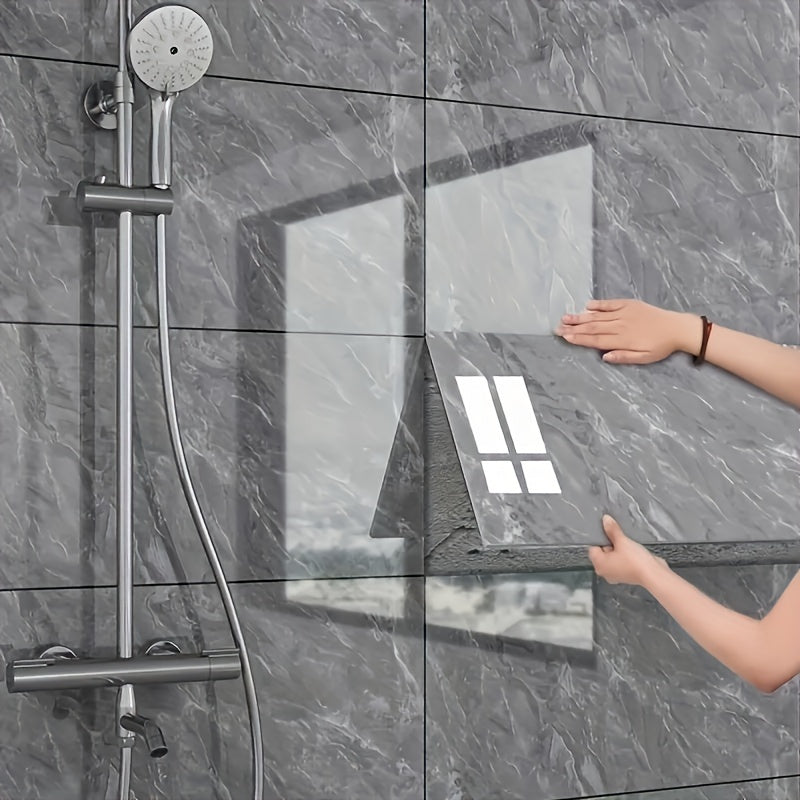 32 pieces of 3D marble pattern self-adhesive wall tiles, waterproof PVC, glossy finish, contemporary style, easy to apply and washable. Can be used for kitchen, living room, and bathroom