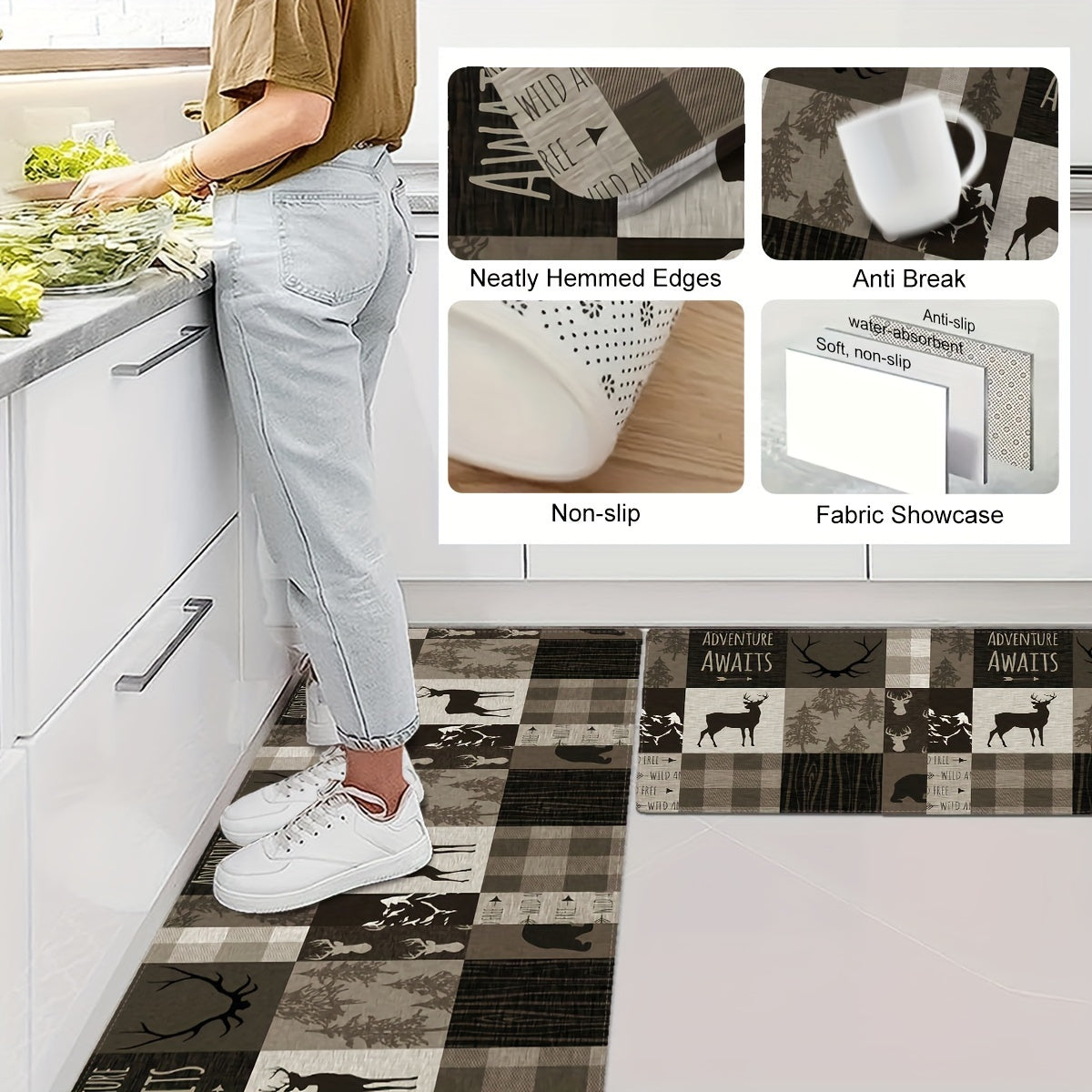 Forest Fawn Pattern Kitchen Rug Anti-Fatigue Floor Mat Boho Design Absorbent Entryway