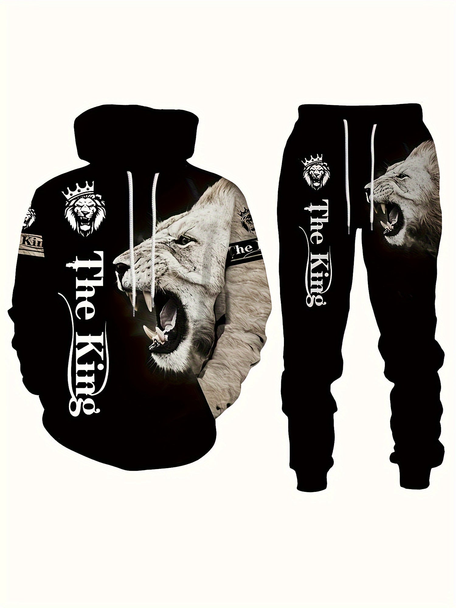 Men's Plus Size Lion Print 3D Hoodie and Sweatpants Set for Autumn Winter