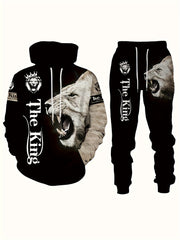 Men's Plus Size Lion Print 3D Hoodie and Sweatpants Set for Autumn Winter