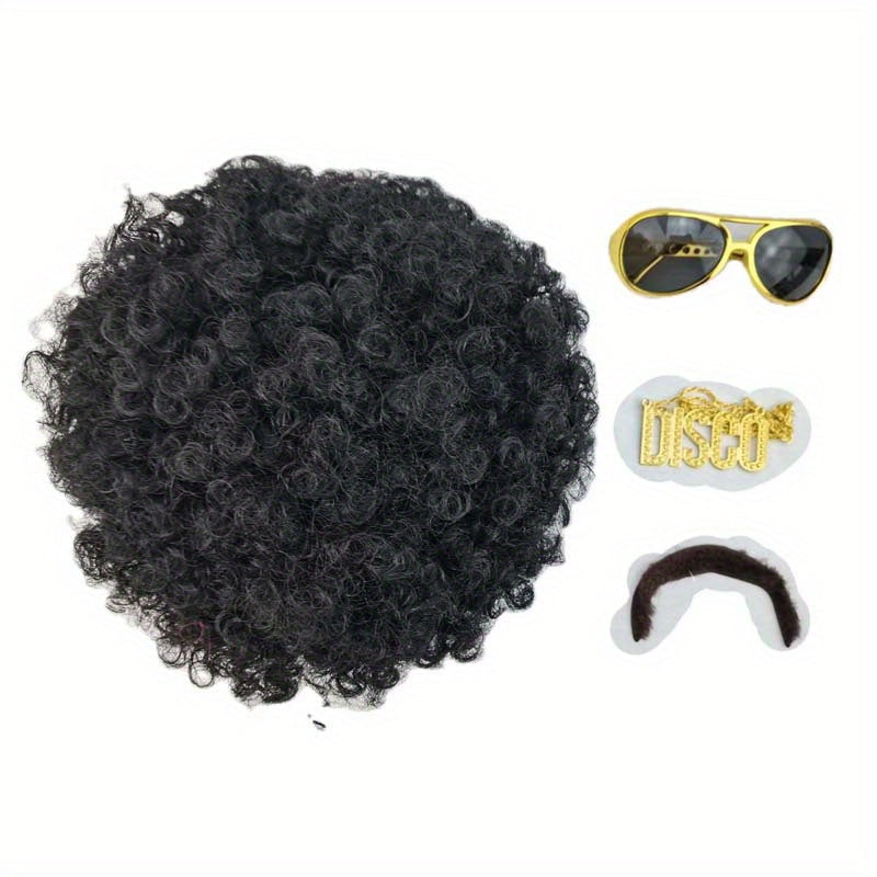 Men's 70s Costume Set with Black Curly Wig Glasses Necklace Beard