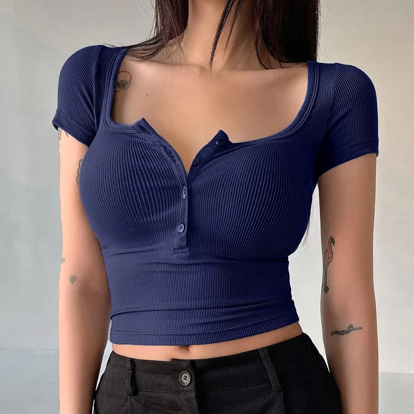 Women's Brown Square Neck Ribbed Knit T-Shirt in Polyester Elastane All Seasons