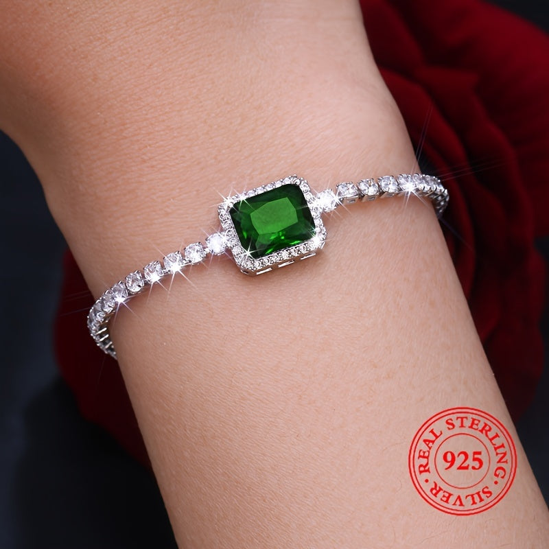 Women's Silver Bracelet with Green Zirconia Stones Adjustable Jewelry for Daily and Special Occasions