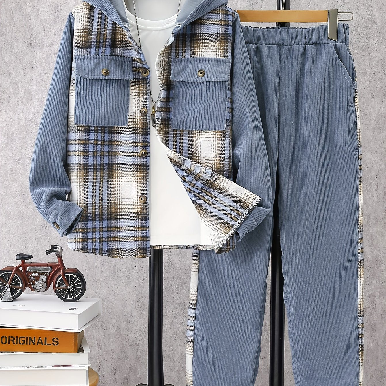 Boys Tartan Hooded Jacket and Pants Set Polyester Fall Winter Outdoor Wear