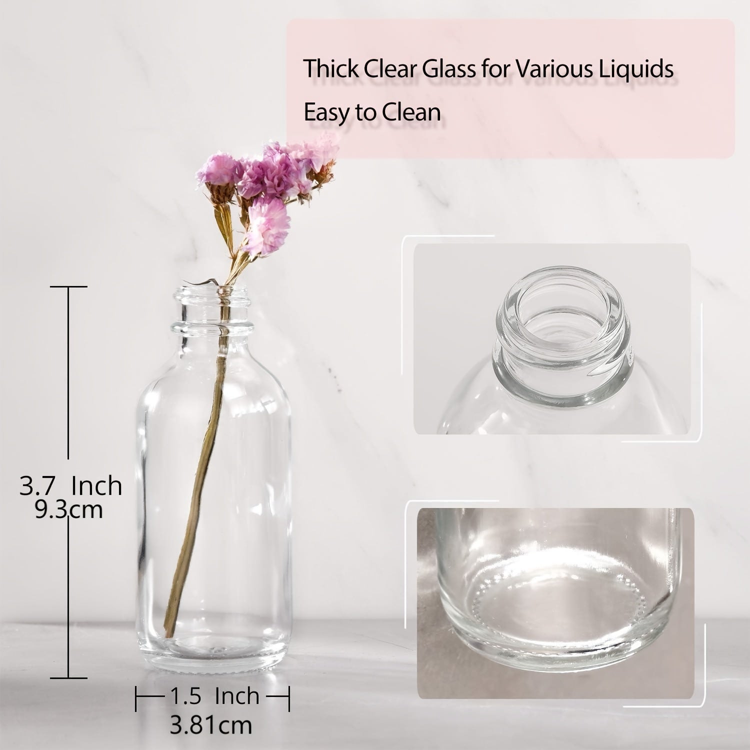 12 Mini 2oz Clear Glass Bottles with Lids and Stainless Steel Funnels for Juice Wellness Shots and Liquor