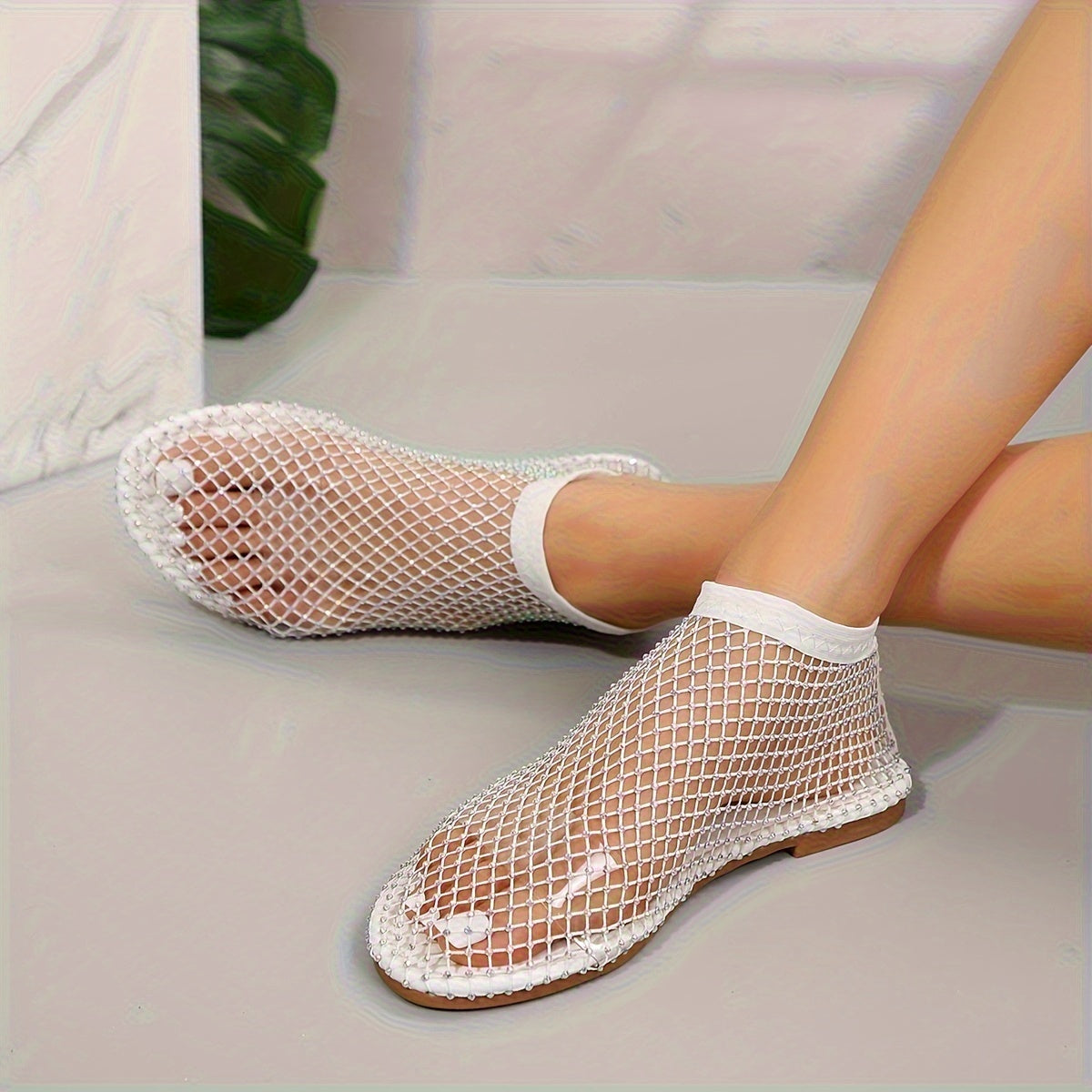 Women's Rhinestone Mesh Flat Shoes with Crystal Embellishments and Rubber Sole