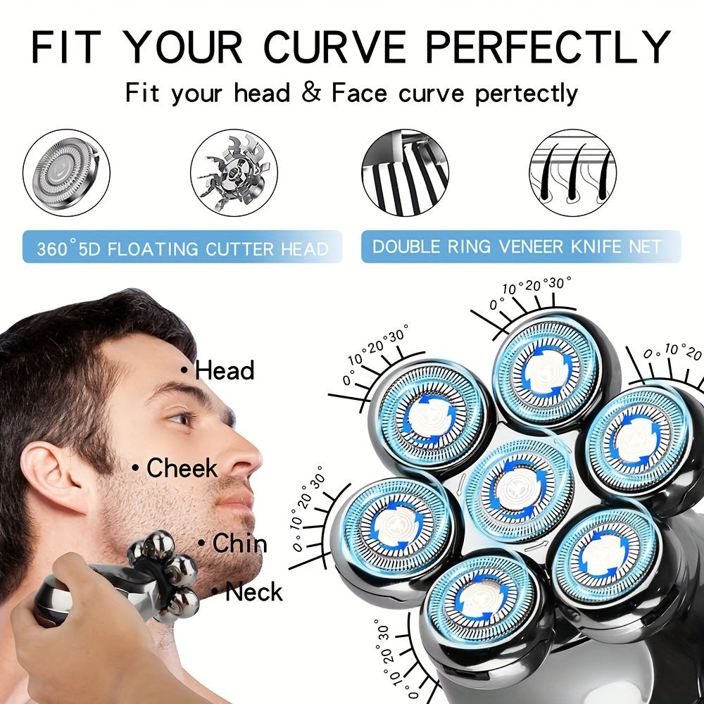 7D Head Shaver for Bald Men with Anti-Pinch Electric Razor and 5-in-1 Grooming Kit