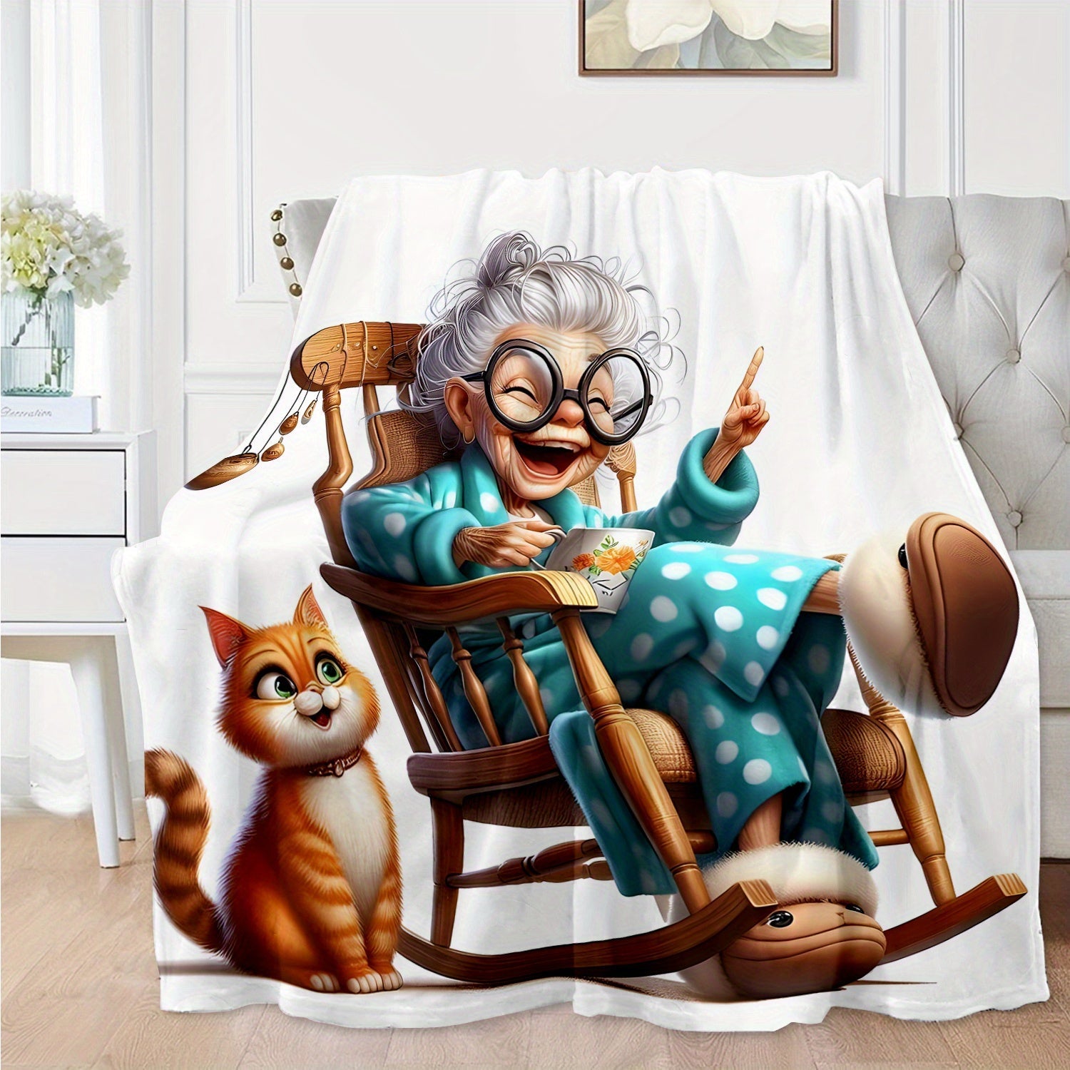 Senior Cozy Flannel Throw Blanket with Grandma and Cat Print All-Season Knitted Polyester