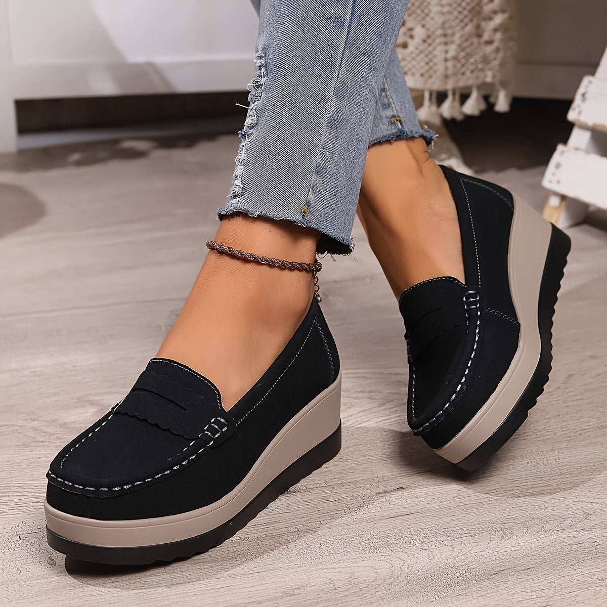 Women's Wedge Loafers Leather Slip-On Comfortable Elegant Casual