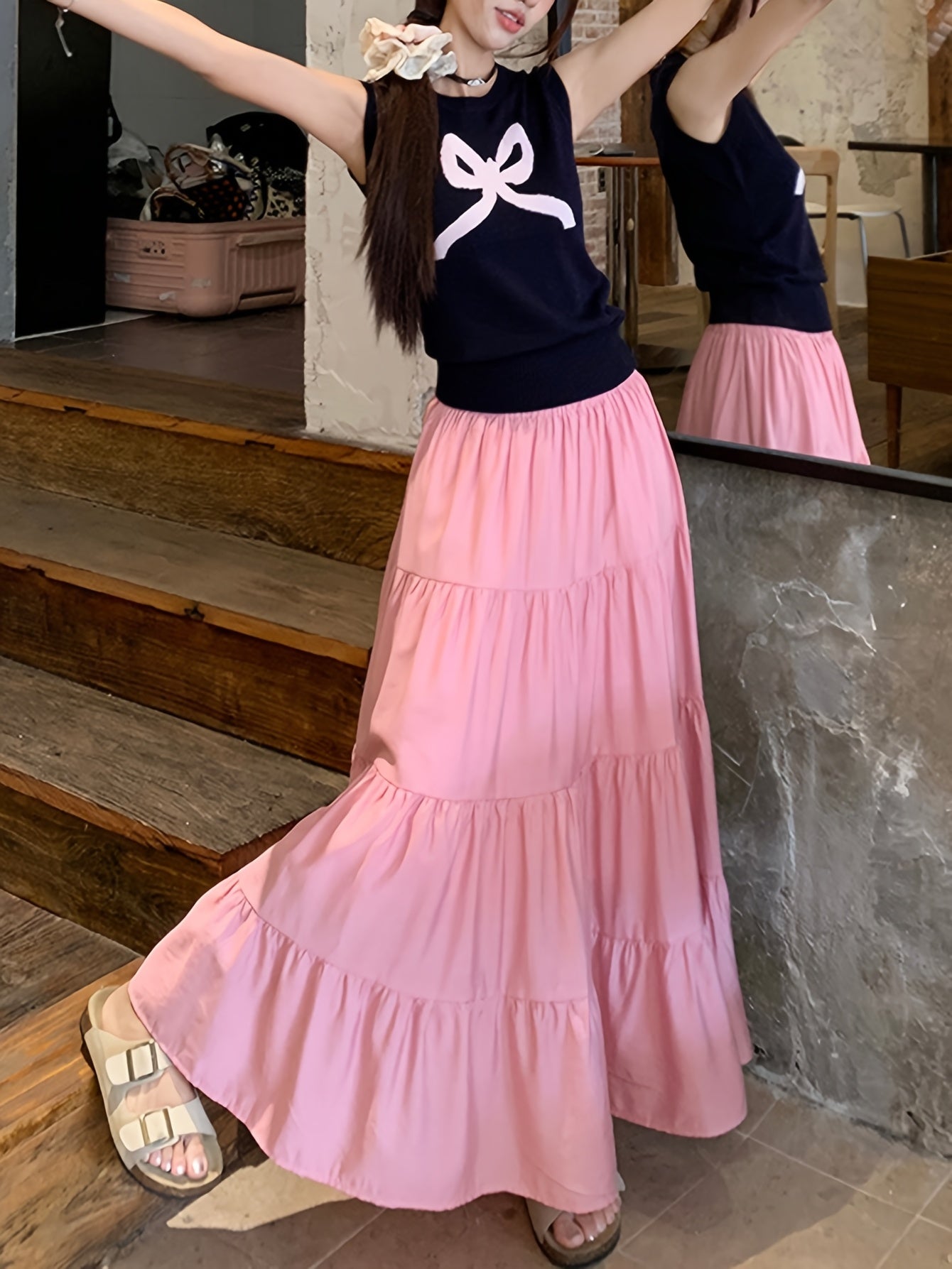 White French Long Skirt for Women Elastic Waist A-Line Casual Maxi Skirt