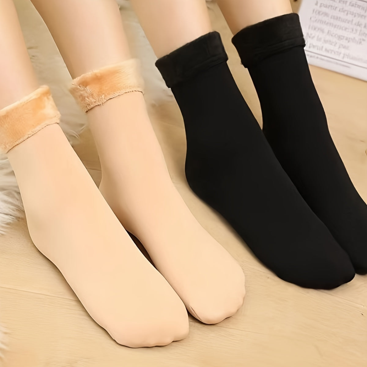Women's Mid-Calf Snow Socks with Slip-Resistant Grip and Velvet Terry Cloth