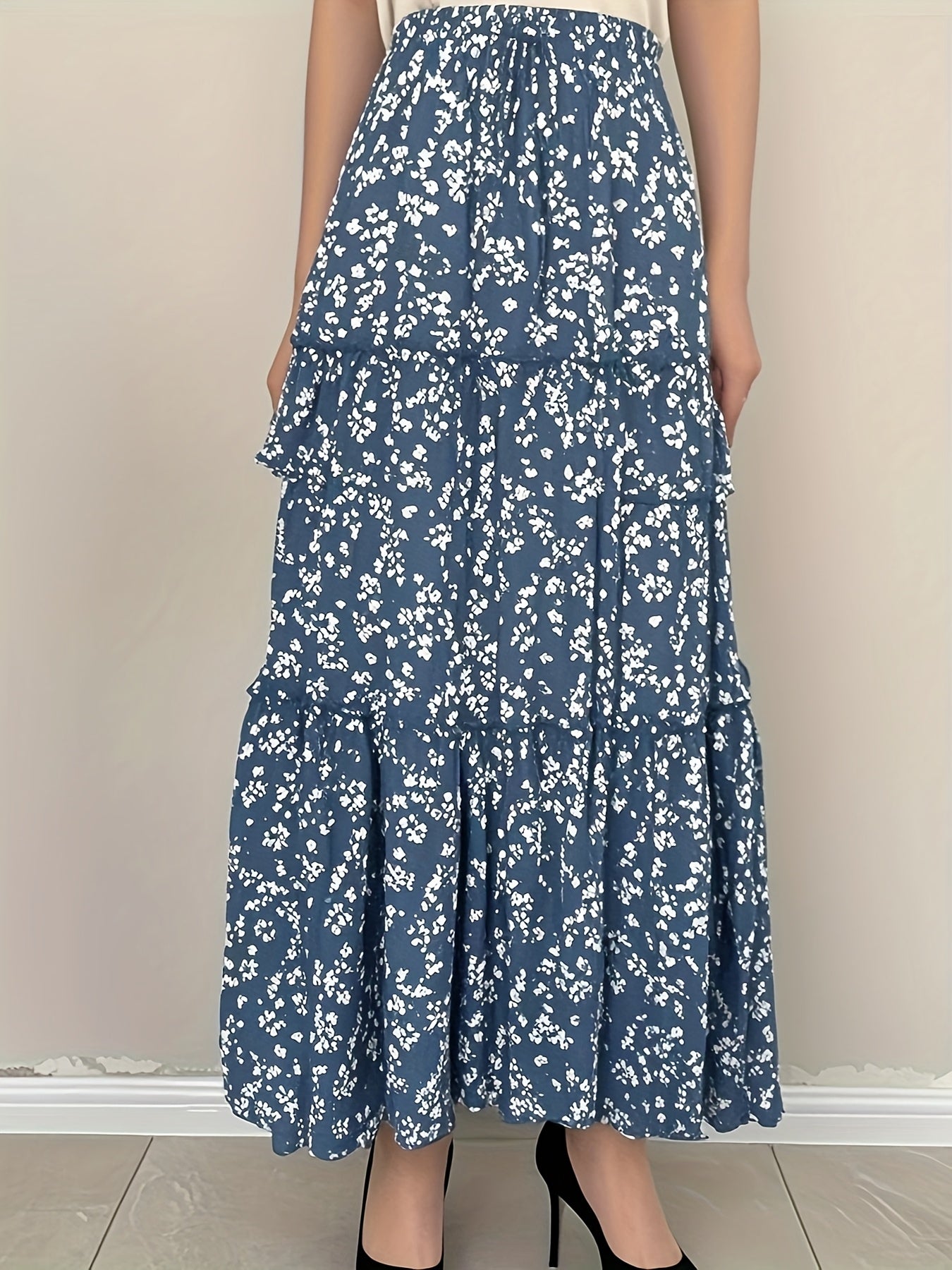 Plus Size Women's Summer Floral Maxi Skirt Light Blue White Daisy Tiered Beach Casual